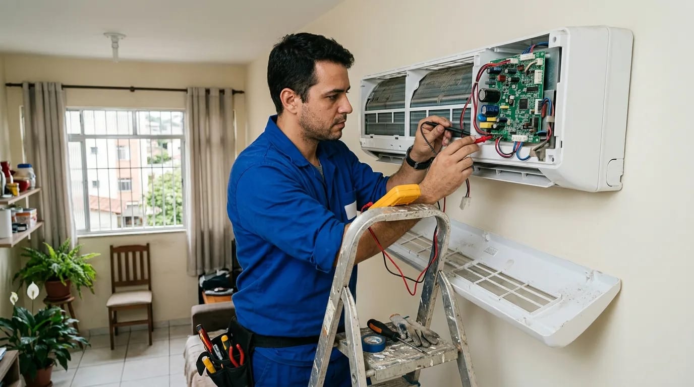 Eletricista ligando a placa do ar-condicionado split em Porto Velho‑RO